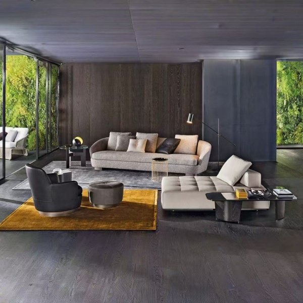 现代时尚简约真皮布艺别墅沙发