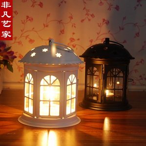 欧式田园公主房白色镂空铁艺玻璃风灯烛台摆件生日礼物婚庆道具