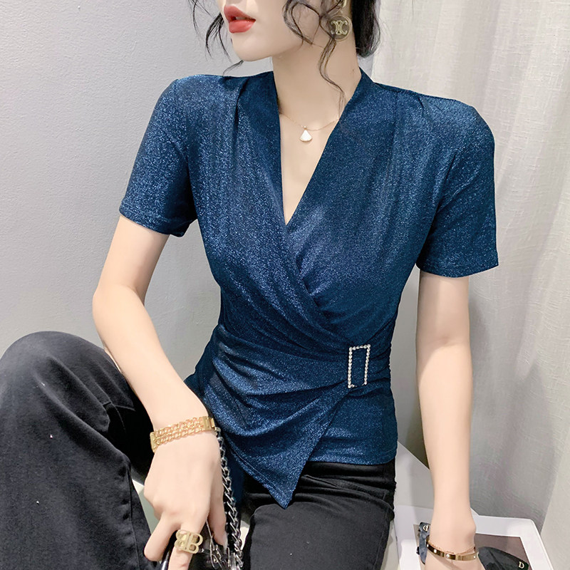 2023夏季时尚亮丝交叉V领网纱短袖T恤女气质遮肉收腰修身显瘦上衣