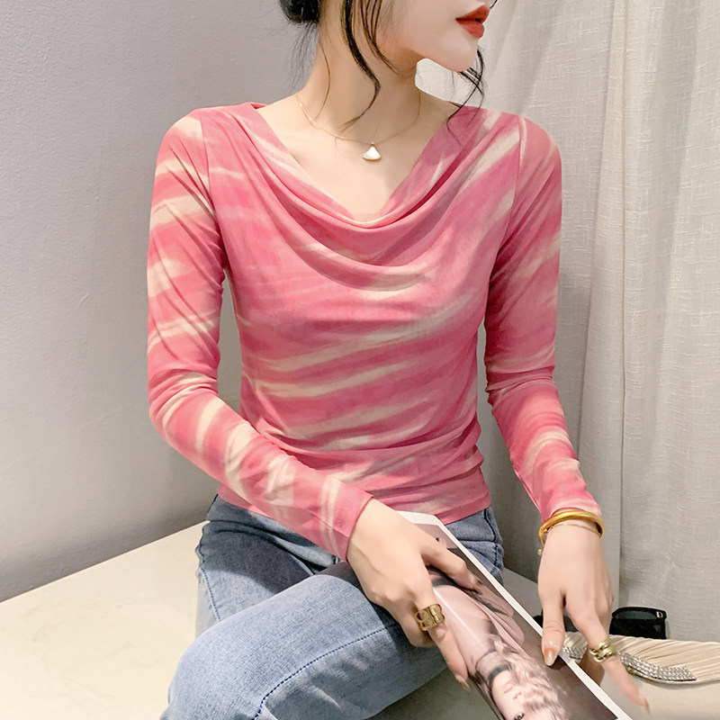 荡领撞色渐变网纱长袖T恤女2024年春季拼色时尚修身显瘦百搭上衣