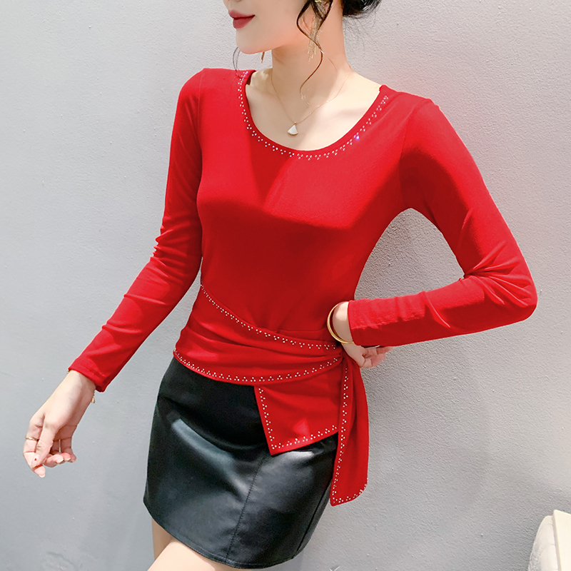秋冬时尚圆领烫钻网纱长袖T恤女百搭洋气绑带下摆显瘦遮肚上衣潮