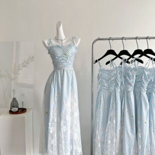 吊带裙 蓝色漂亮碎花边蕾丝拼接女款 现货秒发PINKMOON 一见钟情