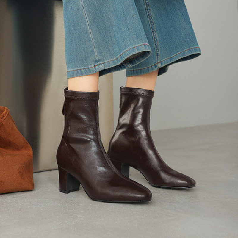 2025新款靴子女通勤复古粗跟后拉链简约圆头中跟短靴瘦瘦靴,居家布艺,居家婚庆拖鞋,淘宝优惠券,粉丝福利购,淘宝优惠卷