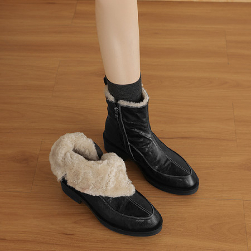 羊皮版  雪地靴手工真皮短靴女粗跟低跟软底舒适羊毛混纺保暖