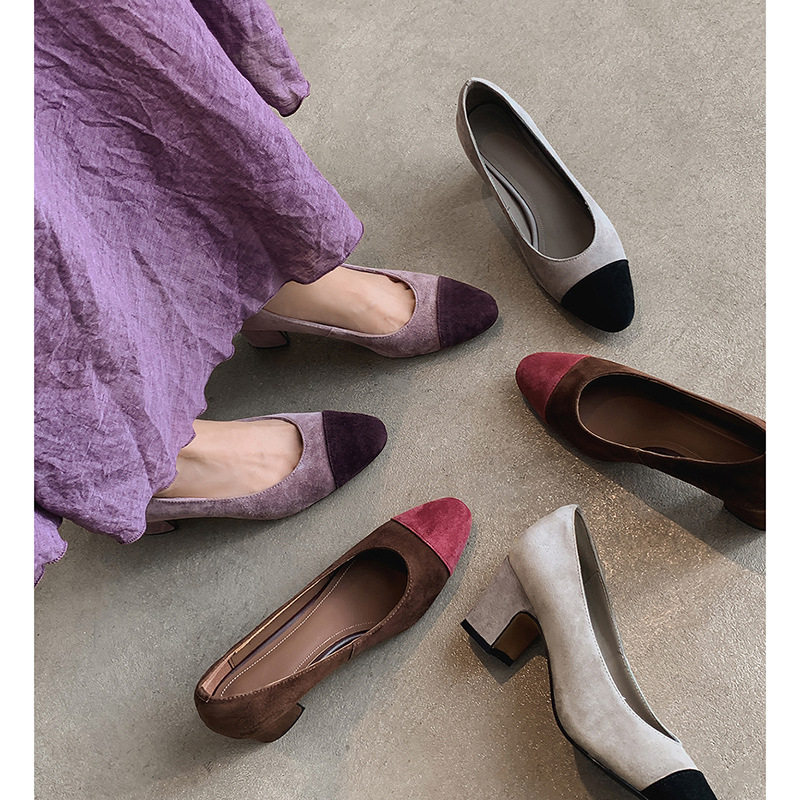 法式复古真皮单鞋女粗跟中跟鞋时尚百搭拼色浅口小香风圆头磨砂皮,居家布艺,居家婚庆拖鞋,淘宝优惠券,粉丝福利购,淘宝优惠卷