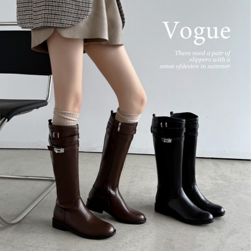 艺术学院真皮法式平底金属扣高筒骑士靴斜口修饰腿型黑色长筒靴女