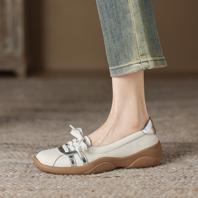 运动休闲厚底德训鞋2024秋圆头浅口拼色系带百搭里外全皮单鞋