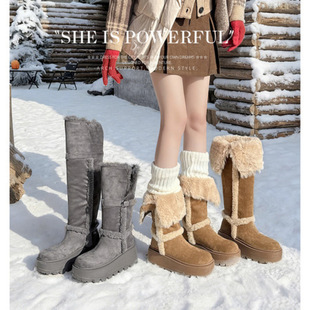 两穿厚底长筒靴子防滑加厚棉鞋 7cm高跟灰色雪地靴女2025冬季 新款