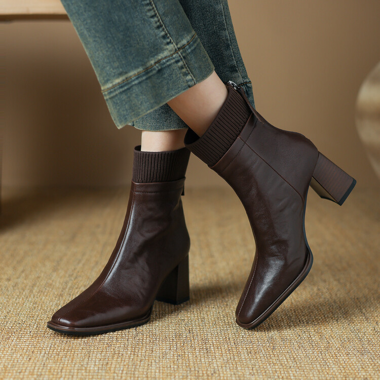 暴走不累脚~复古真皮粗跟方头短靴百搭通勤气质高跟皮靴瘦瘦靴女~