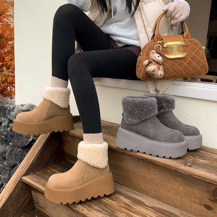 7cm高跟坡跟厚底雪地靴女冬季新款后拉链灰色加厚毛毛靴东北保暖