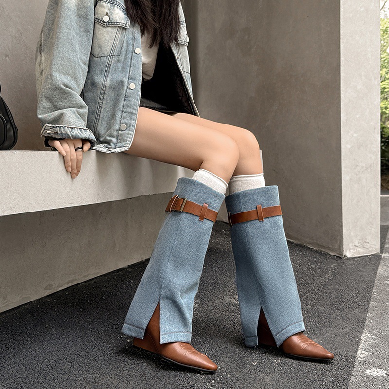 小众尖头潮流裤管靴百搭长筒靴女2025年巨好看坡跟增高西部牛仔靴