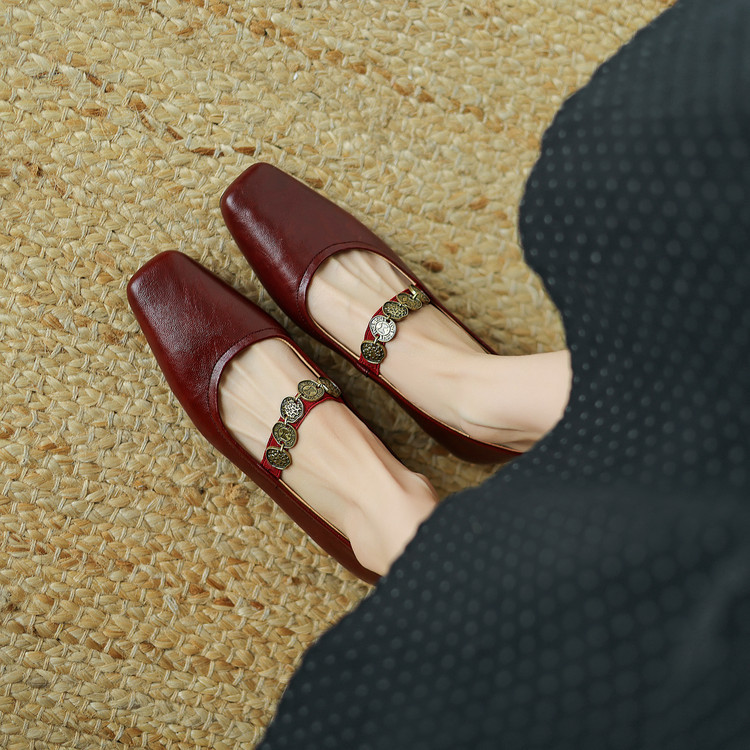 法式温柔风真皮金币一字带玛丽珍鞋女通勤浅口小皮鞋低跟百搭单鞋