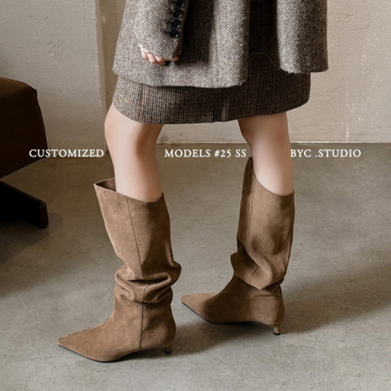 靴子女2025欧美复古高级感褶皱洋气炸街超软斜口堆堆长筒靴女