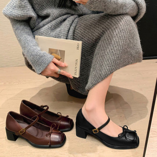 女学院风绝美不累脚浅口小皮鞋 复古方头粗跟玛丽珍鞋 法式 牛皮版