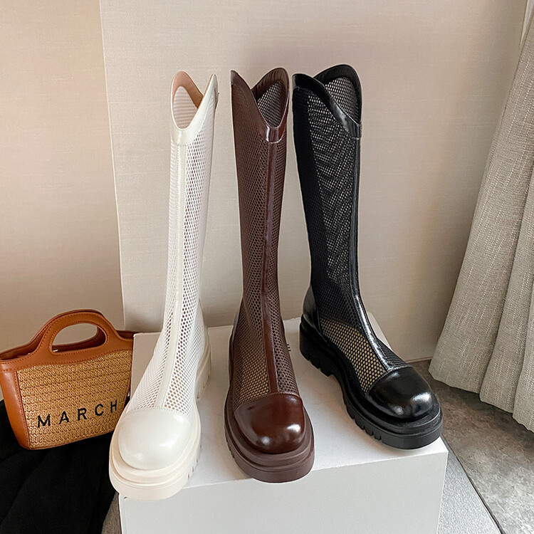 靴子女夏季薄款高跟镂空长靴真皮网纱粗跟高筒凉靴夏天透气网靴子