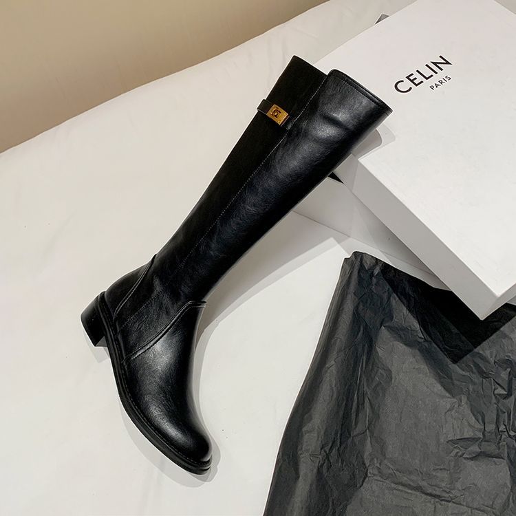 真皮不过膝长筒靴女复古美拉德棕色长靴英伦风锁扣显瘦高筒骑士靴