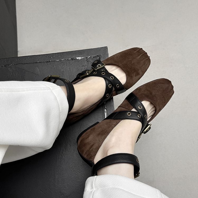 2025春季新款方头浅口小皮鞋名媛风时尚百搭方头低跟交叉扣带单鞋