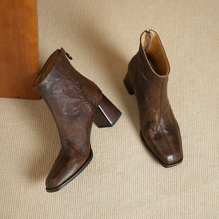 复古英伦粗跟短靴女2025新款秋冬真皮高跟靴子方头裸靴加绒马丁靴