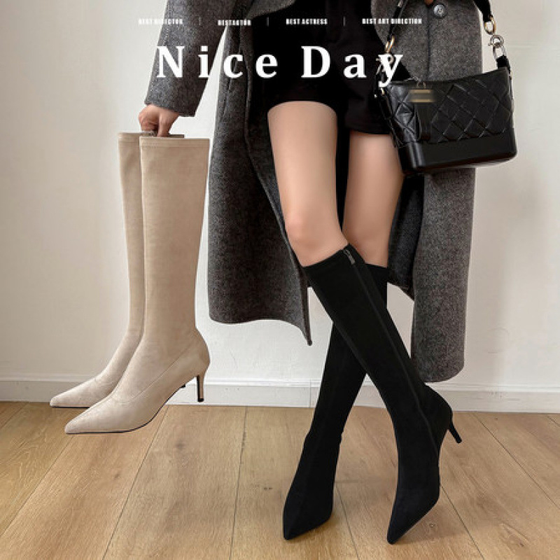 6cm时尚尖头高跟细跟长筒靴女百搭纯色韩版风弹力瘦瘦绒面时装靴