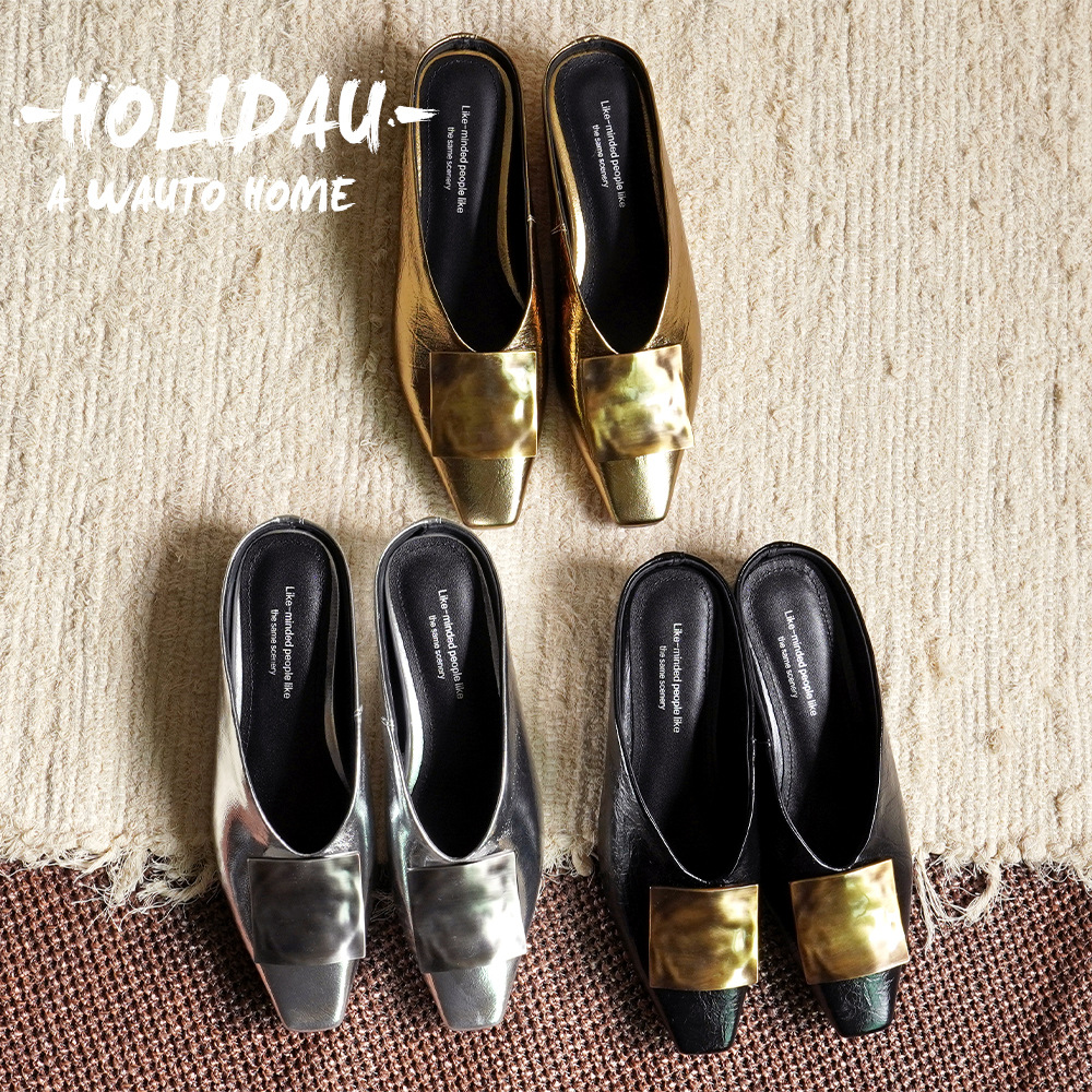 2025年春夏季真皮金属装饰方头包头拖鞋女金色内增高坡跟半拖鞋