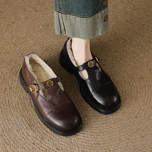 复古英伦风小皮鞋女秋冬2025新款低跟加绒乐福鞋t字带玛丽珍单鞋