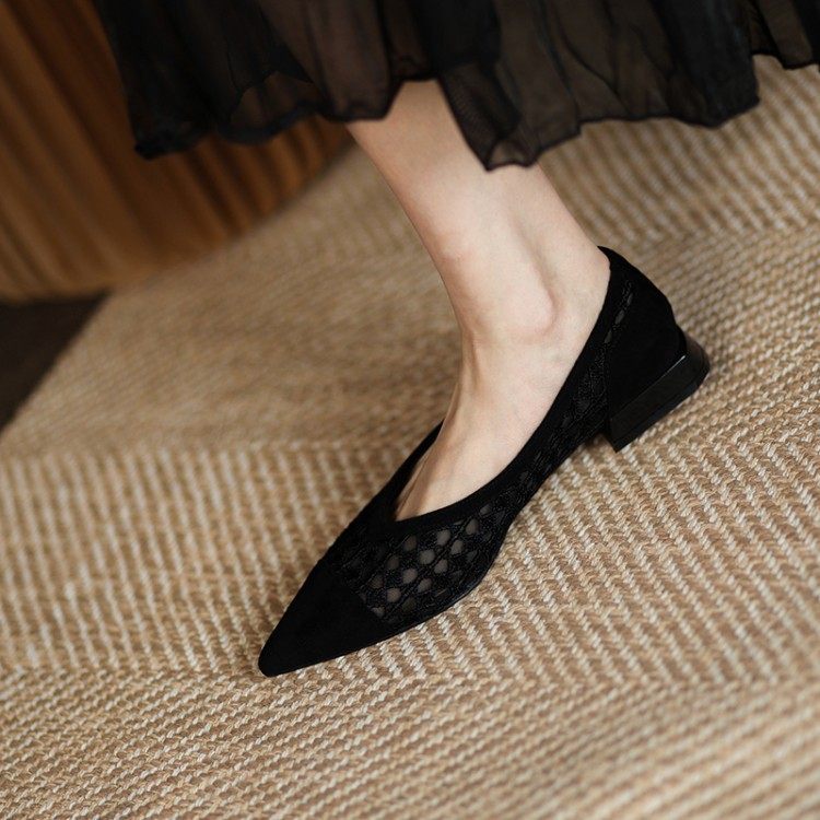 韩版女鞋方跟尖头浅口单鞋羊翻皮网纱拼接透气低跟鞋时尚复古,女鞋,马丁靴,淘宝优惠券,粉丝福利购,淘宝优惠卷