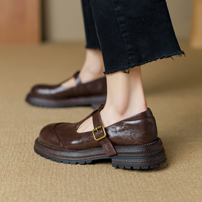 升级版！头层羊皮真皮单鞋女春秋法式复古玛丽珍鞋厚底赫本小皮鞋