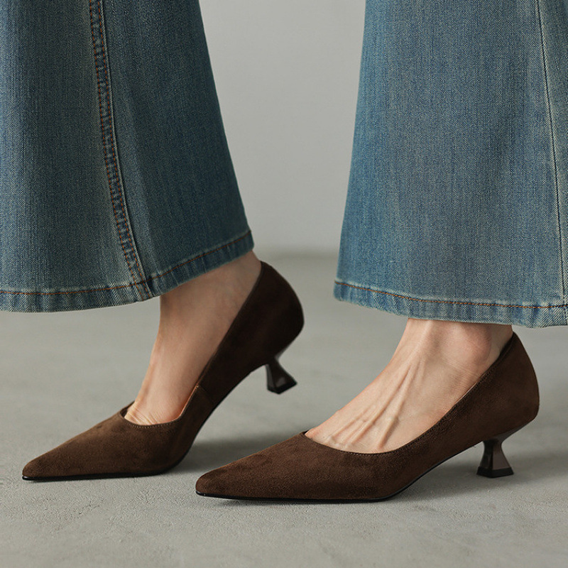 法式浅口高跟单鞋女2025新款百搭羊翻皮尖头不累脚通勤猫跟工作鞋