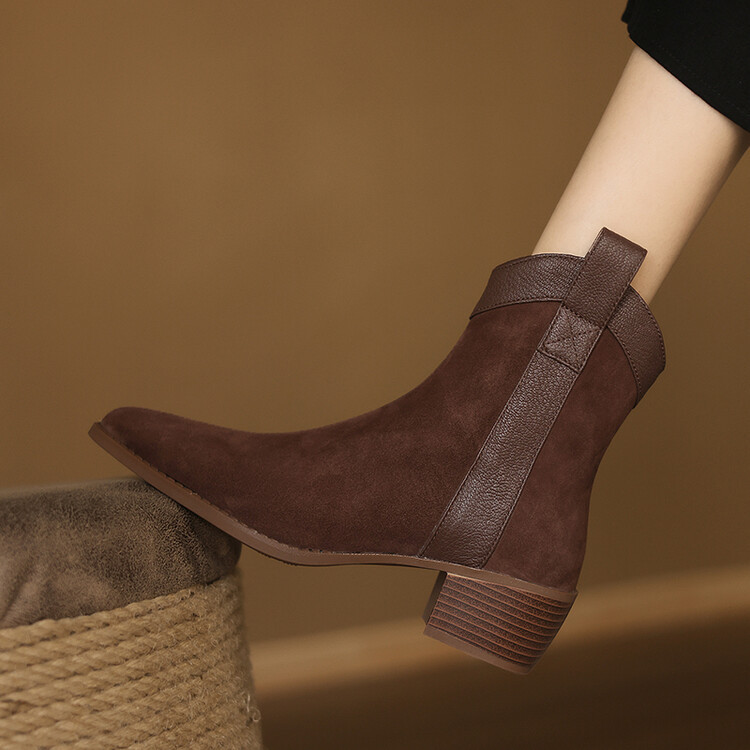 头层软羊皮~4cm~V口复古西部牛仔靴女粗跟短靴真皮尖头英伦风靴子