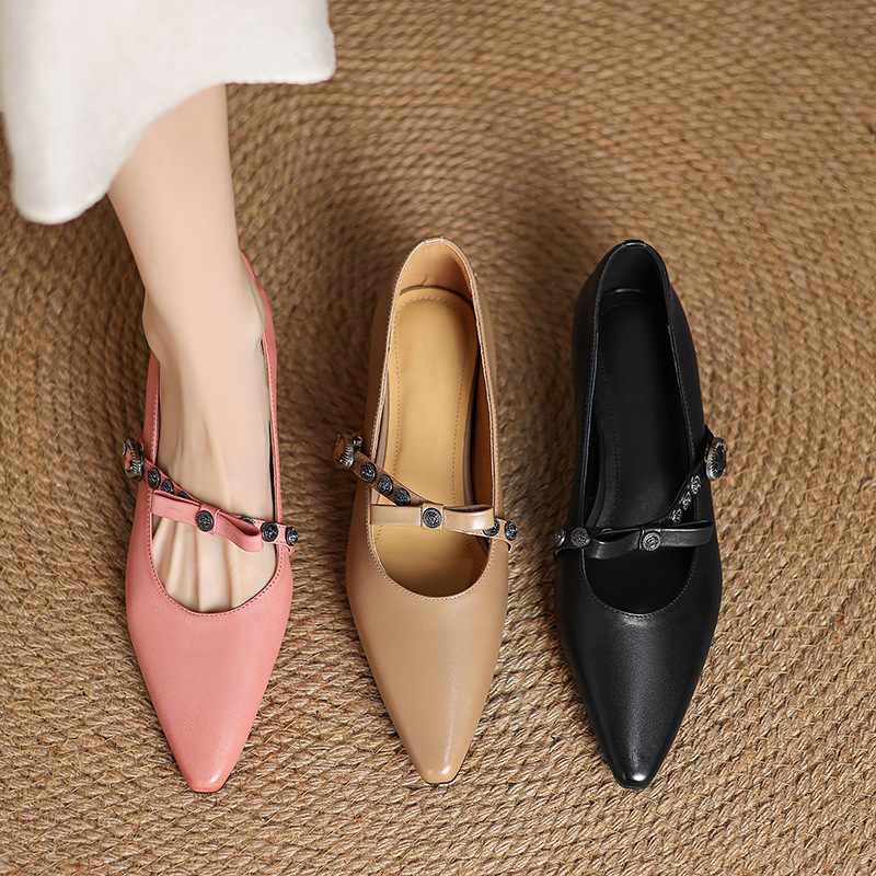 内增高浅口玛丽珍鞋女尖头气质粉色洋气蝴蝶结铆钉一字带大码单鞋