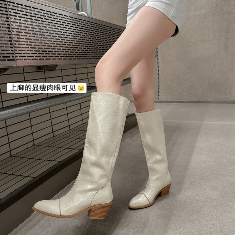 靴子长筒靴女修饰腿型腿型真皮法式堆堆骑士靴宽筒显瘦高跟过膝靴