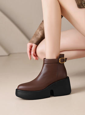 8cm厚底马丁靴女真皮粗跟瘦瘦靴2025新款秋季高跟防水台百搭短靴