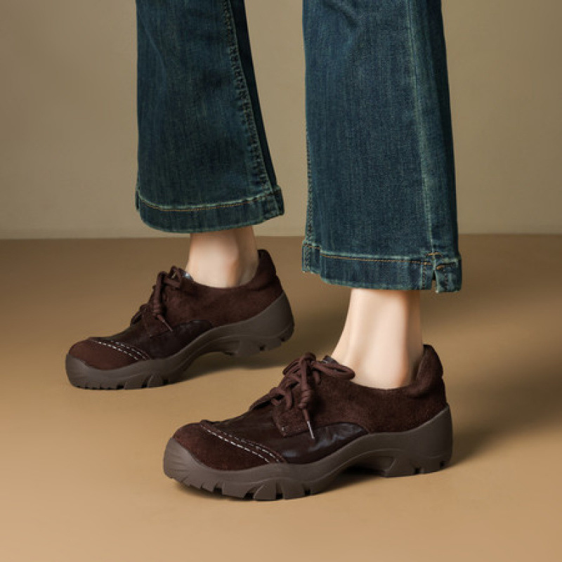 法式深口单鞋女春秋软底圆头中跟平底鞋高跟真皮系带小皮鞋德训鞋