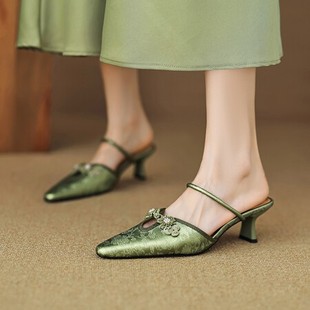 女外穿时尚 凉拖鞋 包头半拖鞋 女高跟鞋 配裙子 新中式 细跟穆勒鞋 夏季