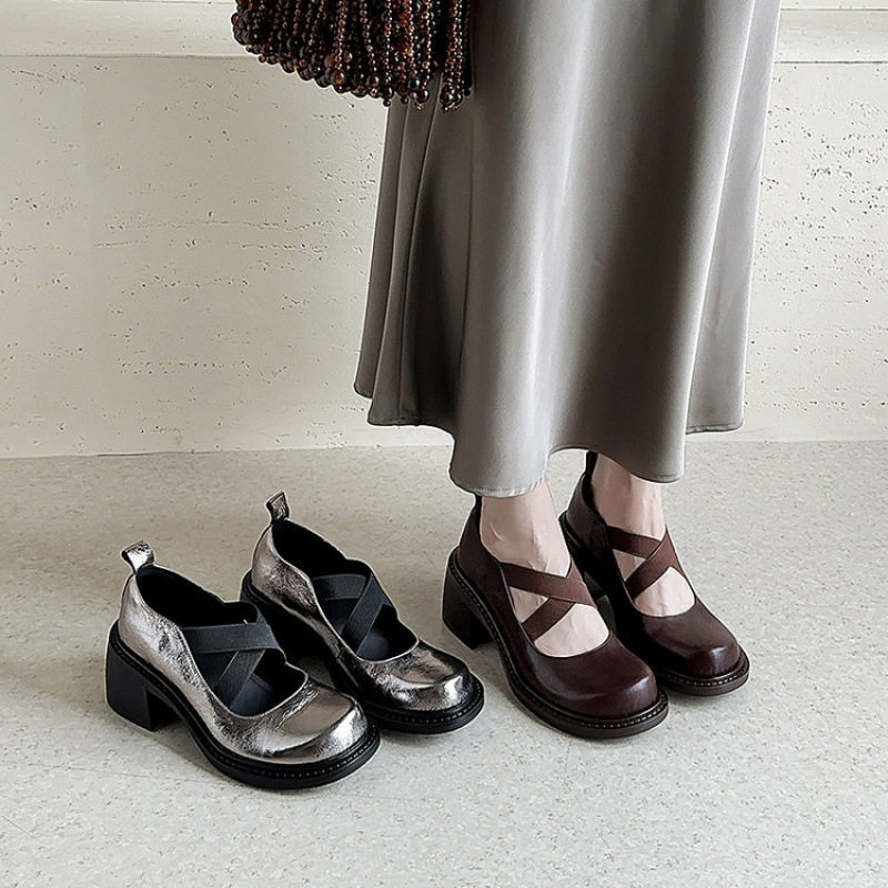 时尚新品法式方头浅口高粗跟交叉松紧带玛丽珍鞋女2025秋季枪棕色,女鞋,马丁靴,淘宝优惠券,粉丝福利购,淘宝优惠卷