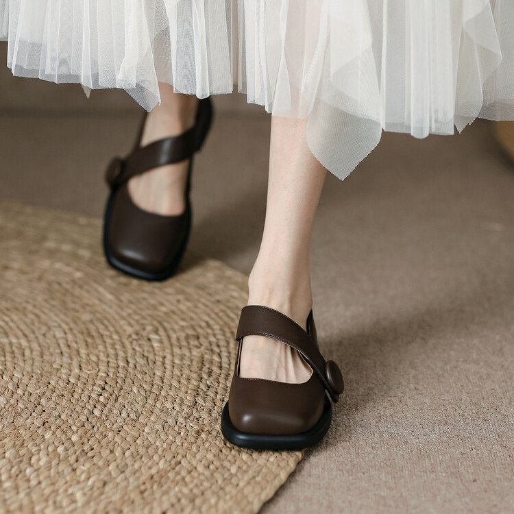 复古英伦风方头日系小皮鞋秋季浅口低跟魔术贴真皮四季简约单鞋女
