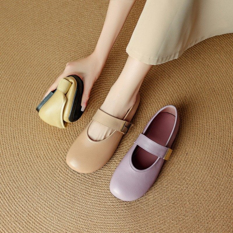 2025夏季新款平底玛丽珍鞋女粉色复古一字魔术贴外穿浅口芭蕾单鞋