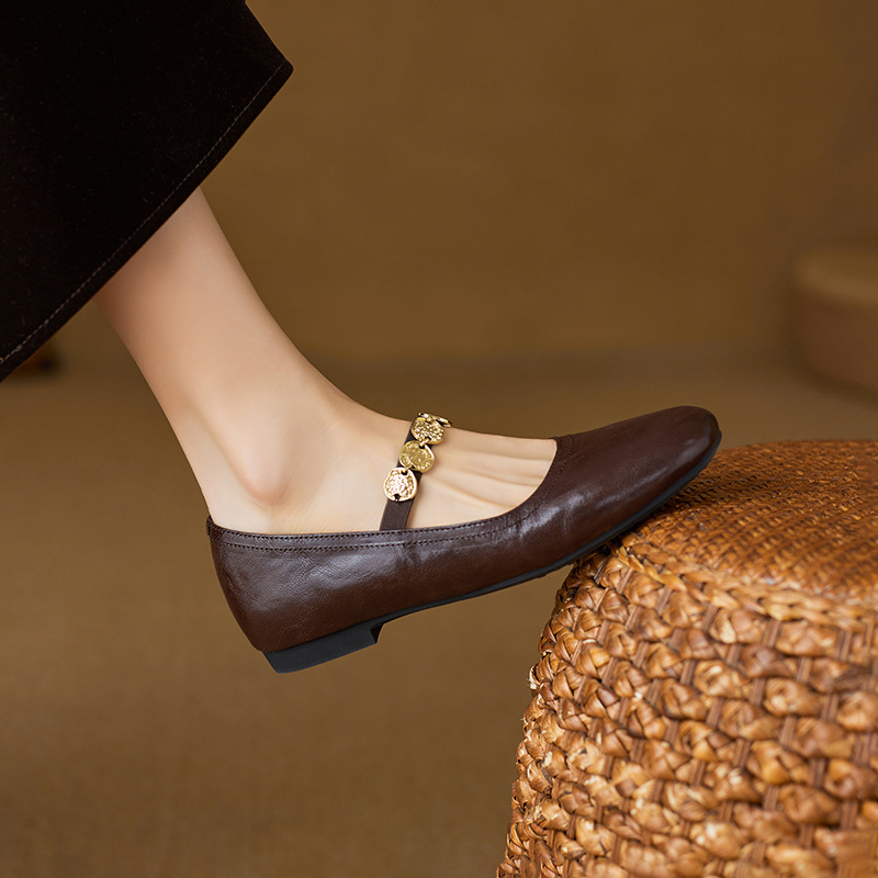 巨好穿法式羊皮平底单鞋女2025新款方头浅口小皮鞋一字带玛丽珍鞋