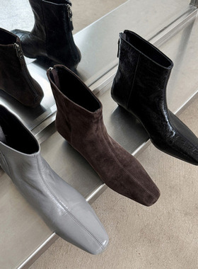 牛皮2025秋冬新款真皮靴子女短靴春秋款低跟灰色直筒靴黑色棕色