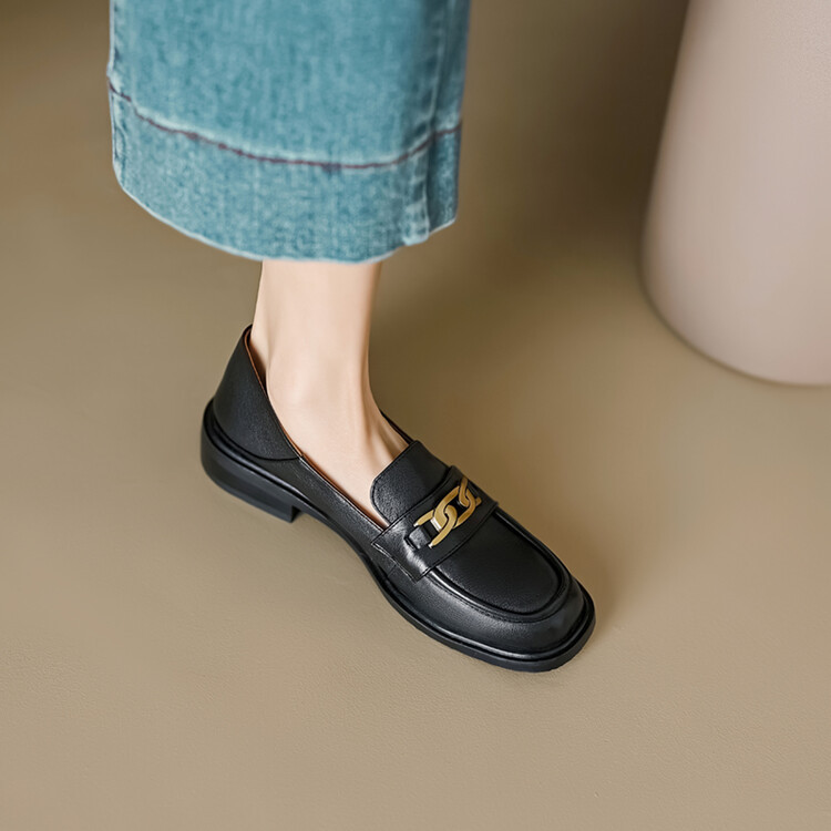 英伦风平底乐福鞋低跟女夏季基础款一脚蹬2024新款舒适牛皮单鞋女