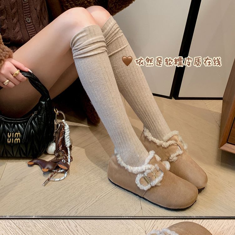 复古厚底勃肯鞋女圆头皮带扣加绒羊羔毛保暖内增高棉鞋毛毛鞋外穿