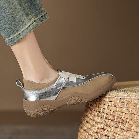 2024春新款真皮厚底圆头金色乐福鞋女休闲坡跟松糕底拼色懒人单鞋,运动/瑜伽/健身/球迷用品,广场舞鞋,淘宝优惠券,粉丝福利购,淘宝优惠卷