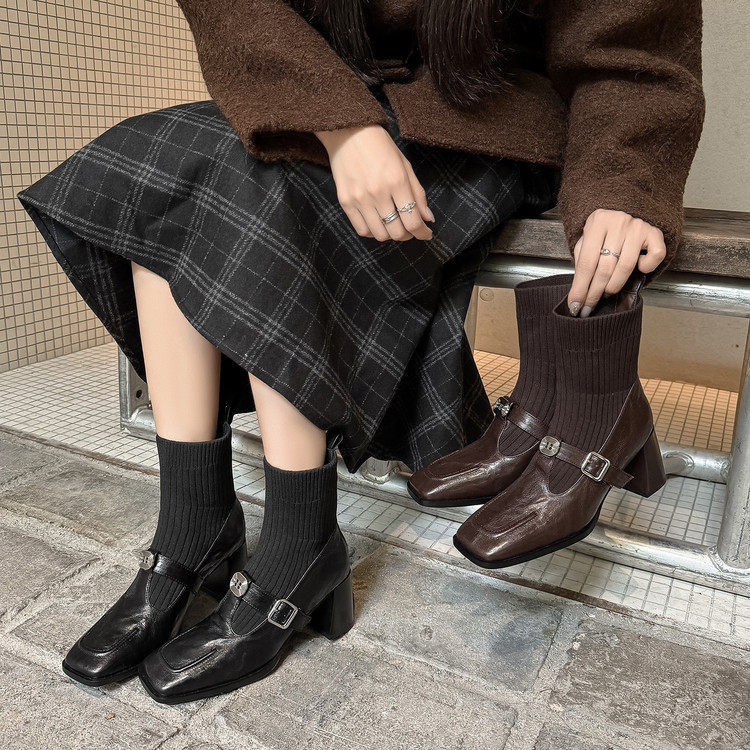 气质方头真皮短靴女秋冬季新款毛线筒拼接时尚百搭舒适短筒瘦瘦靴,女鞋,马丁靴,淘宝优惠券,粉丝福利购,淘宝优惠卷