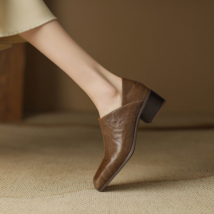 欧货软牛皮黑色平底单鞋女中跟2023秋季浅v口瓢鞋复古方头奶奶鞋,居家布艺,居家婚庆拖鞋,淘宝优惠券,粉丝福利购,淘宝优惠卷