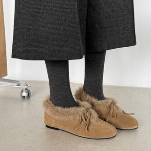 棕色平跟新款 通勤单鞋 女冬兔毛真皮系带平底奶奶鞋 保暖加绒毛毛鞋