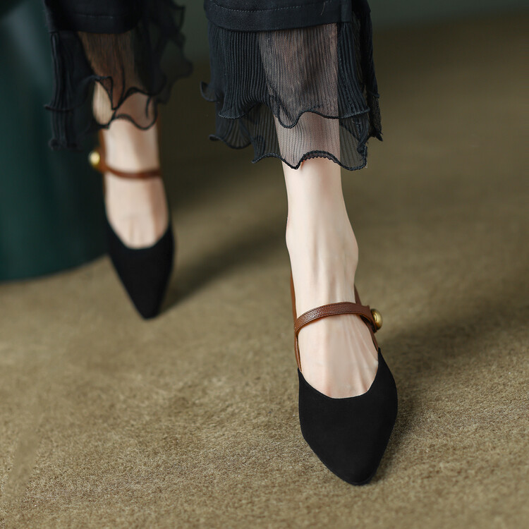 高端时尚~6cm单鞋女真皮细中跟一字带玛丽珍鞋小众尖头浅口高跟鞋