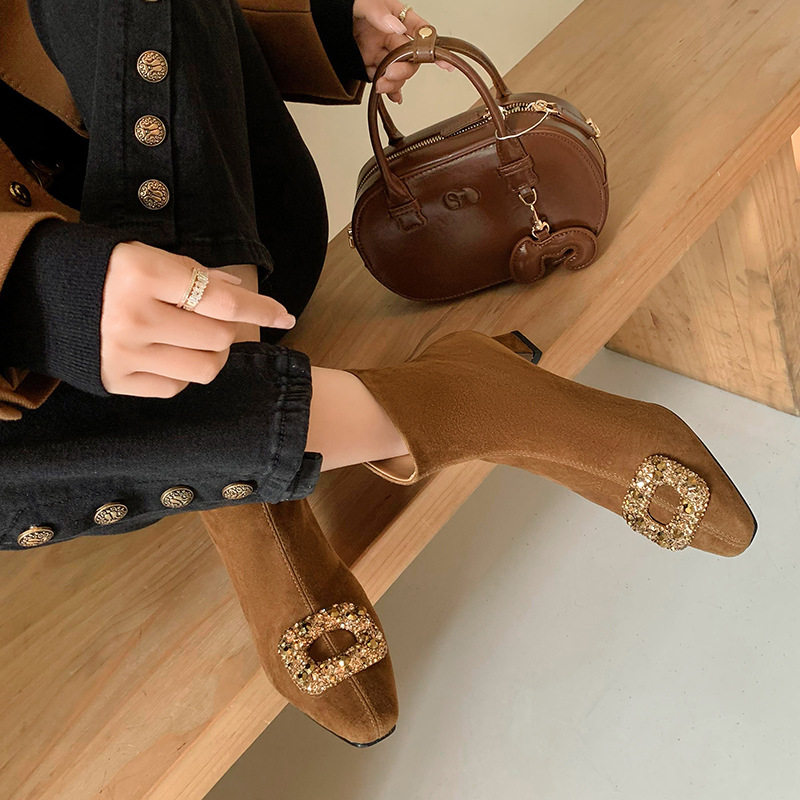 完美驾驭绒面水钻扣小方头粗跟瘦瘦靴2024秋后拉链简约舒适时装靴