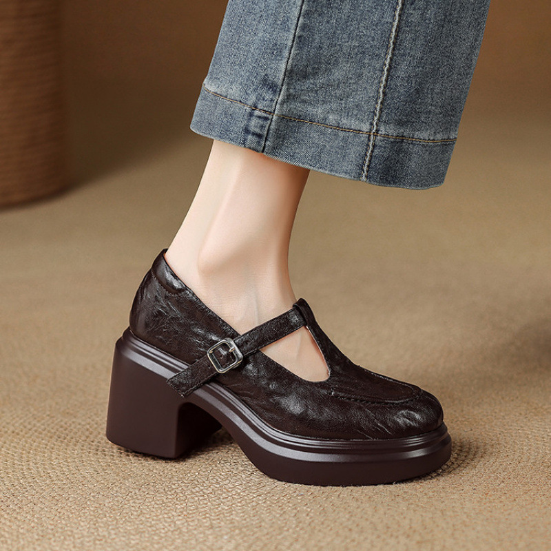 2025新款真皮厚底玛丽珍鞋女软羊皮不累脚单鞋粗跟防水台高跟鞋