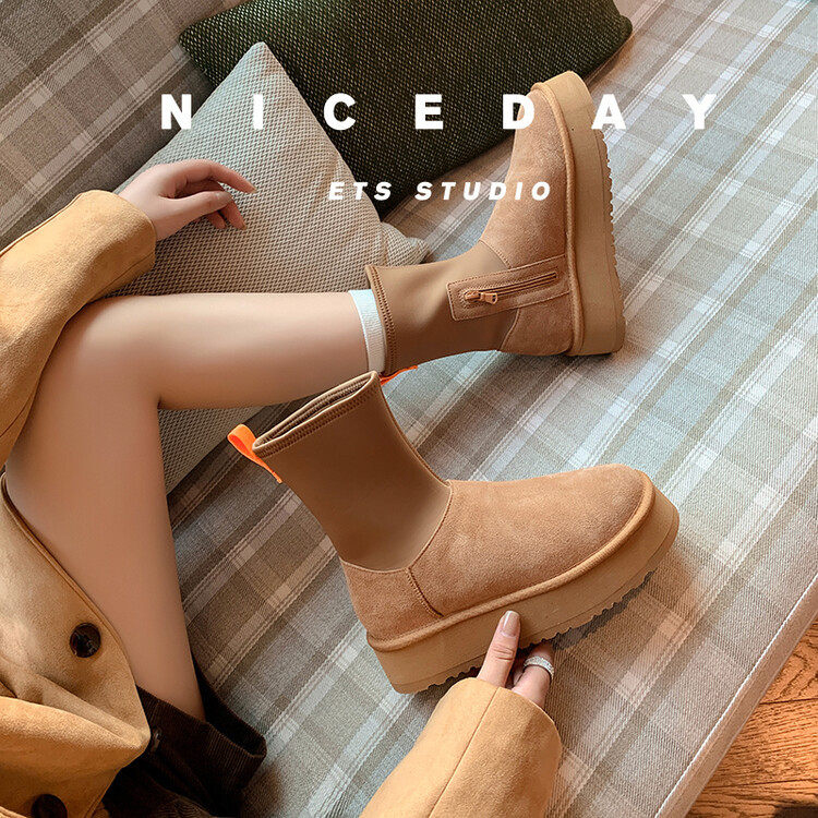 弹力包腿冬季显瘦厚底羊毛雪地靴2023松糕中跟牛反绒时尚保暖短靴,女鞋,马丁靴,淘宝优惠券,粉丝福利购,淘宝优惠卷