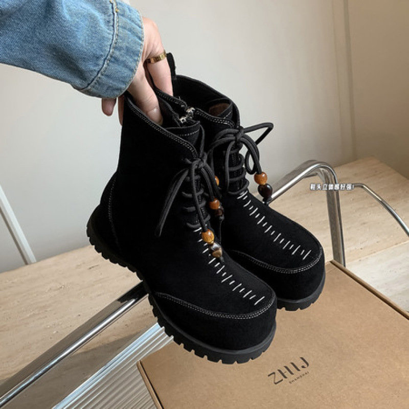 2025新款圆头粗跟短靴女裸靴法式气质短筒弹力瘦瘦靴马丁靴百搭